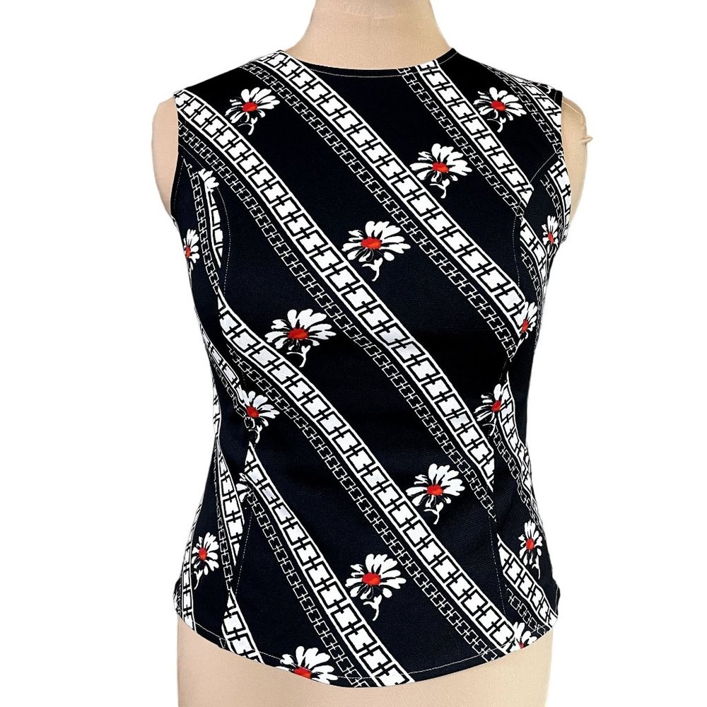 70s Vintage Black Striped Floral Knit Polyester Sleeveless Blouse Top Size M